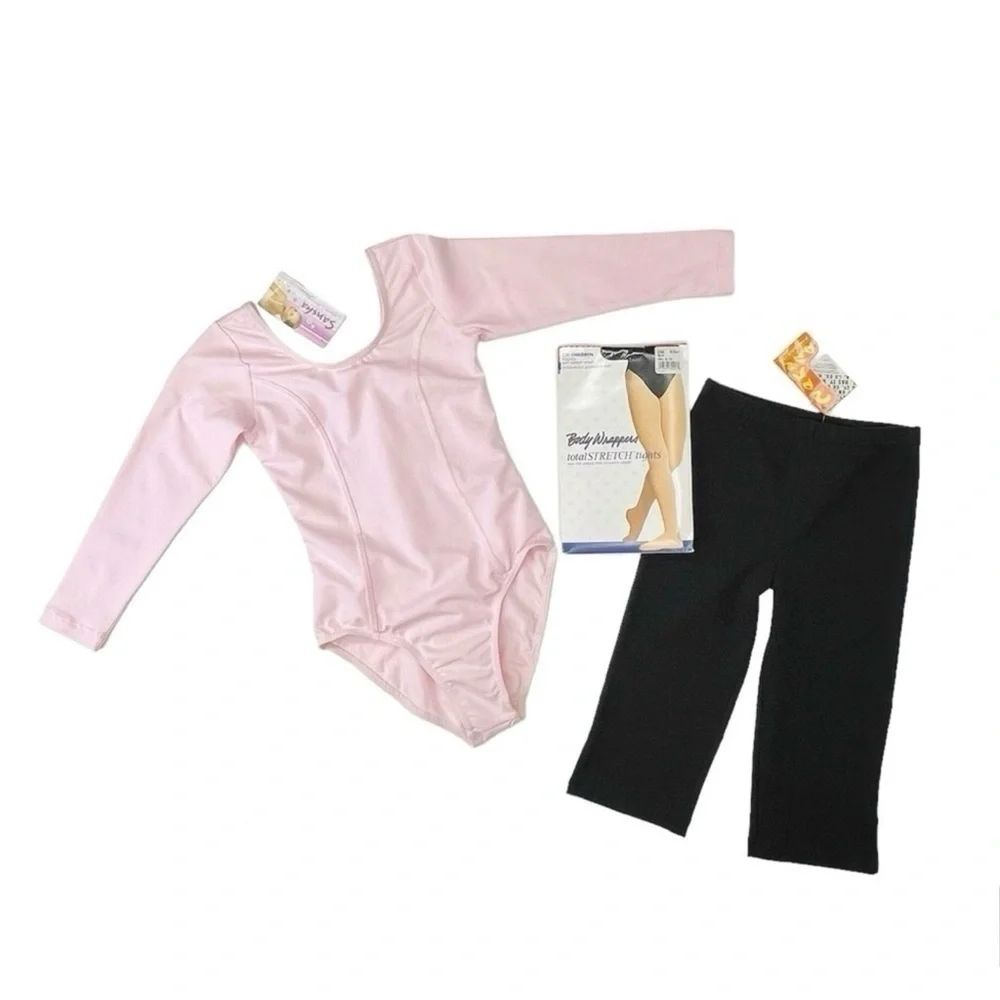 Girls Size 12 Sansha Pink Leotard Black Crop Pant Body Wrappers Bloch Tights NWT
